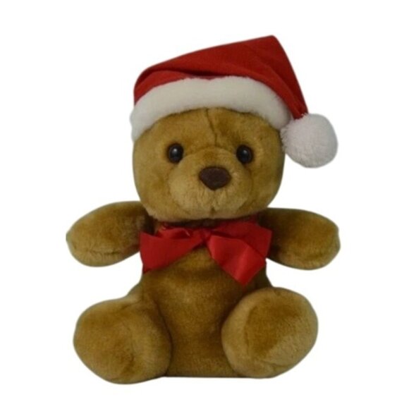 Vintage Sasco Christmas Teddy Bear Plush Stuffed Animal With Santa Hat & Red Bow - Picture 12 of 14